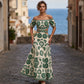 Vestido de resort impreso de margarita de corte de cintura fuera del hombro de las mujeres