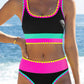 🏊‍♀️【1º en Trajes de baño】🌼Conjunto de bikini deportivo de 3 piezas de nailon con diseño de bloques de color y patchwork - Bañador de cintura alta con efecto moldeador👙🌈