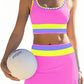 🏊‍♀️【1º en Trajes de baño】🌼Conjunto de bikini deportivo de 3 piezas de nailon con diseño de bloques de color y patchwork - Bañador de cintura alta con efecto moldeador👙🌈