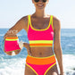 🏊‍♀️【1º en Trajes de baño】🌼Conjunto de bikini deportivo de 3 piezas de nailon con diseño de bloques de color y patchwork - Bañador de cintura alta con efecto moldeador👙🌈