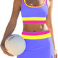 🏊‍♀️【1º en Trajes de baño】🌼Conjunto de bikini deportivo de 3 piezas de nailon con diseño de bloques de color y patchwork - Bañador de cintura alta con efecto moldeador👙🌈