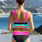 🏊‍♀️【1º en Trajes de baño】🌼Conjunto de bikini deportivo de 3 piezas de nailon con diseño de bloques de color y patchwork - Bañador de cintura alta con efecto moldeador👙🌈