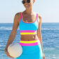 🏊‍♀️【1º en Trajes de baño】🌼Conjunto de bikini deportivo de 3 piezas de nailon con diseño de bloques de color y patchwork - Bañador de cintura alta con efecto moldeador👙🌈