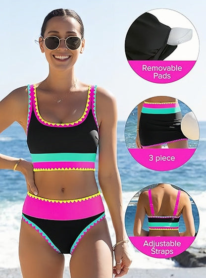🏊‍♀️【1º en Trajes de baño】🌼Conjunto de bikini deportivo de 3 piezas de nailon con diseño de bloques de color y patchwork - Bañador de cintura alta con efecto moldeador👙🌈
