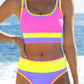🏊‍♀️【1º en Trajes de baño】🌼Conjunto de bikini deportivo de 3 piezas de nailon con diseño de bloques de color y patchwork - Bañador de cintura alta con efecto moldeador👙🌈
