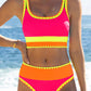 🏊‍♀️【1º en Trajes de baño】🌼Conjunto de bikini deportivo de 3 piezas de nailon con diseño de bloques de color y patchwork - Bañador de cintura alta con efecto moldeador👙🌈
