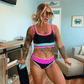 🏊‍♀️【1º en Trajes de baño】🌼Conjunto de bikini deportivo de 3 piezas de nailon con diseño de bloques de color y patchwork - Bañador de cintura alta con efecto moldeador👙🌈