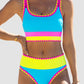 🏊‍♀️【1º en Trajes de baño】🌼Conjunto de bikini deportivo de 3 piezas de nailon con diseño de bloques de color y patchwork - Bañador de cintura alta con efecto moldeador👙🌈