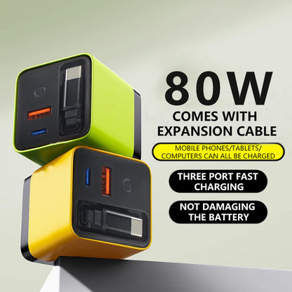 Cargador de pared de carga rápida de 80 W con cable USB-C retráctil de 80 cm.