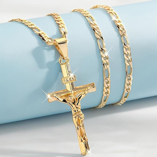 🔥【1° Más Vendido】🔥 ¡50% DE DESCUENTO! ⏰ Collar con colgante de crucifijo tono dorado – Diseño detallado INRI, cadena Figaro ajustable y joya religiosa para el día a día ✝️✨