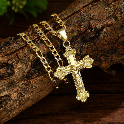 🔥 Collar con colgante de crucifijo tono dorado – Diseño detallado INRI, cadena Figaro ajustable y joya religiosa para el día a día ✝️✨