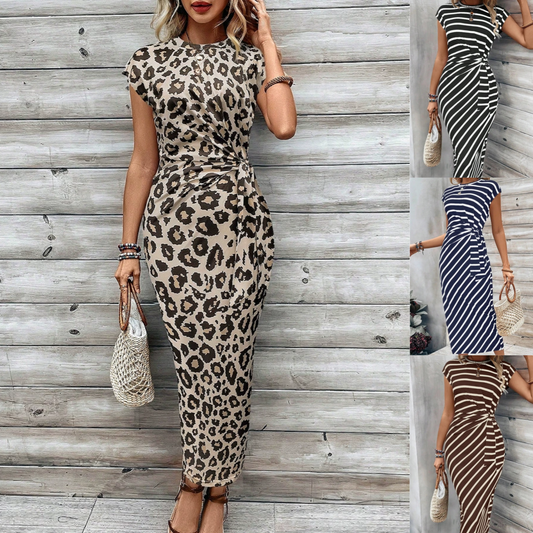 【MÁS VENDIDO】🔥1º en Trajes🔥¡¡OFERTA ÚLTIMO DÍA!! 50% OFF💕 Vestido Elegante Rayado con Cinturón de Lazo para Mujer