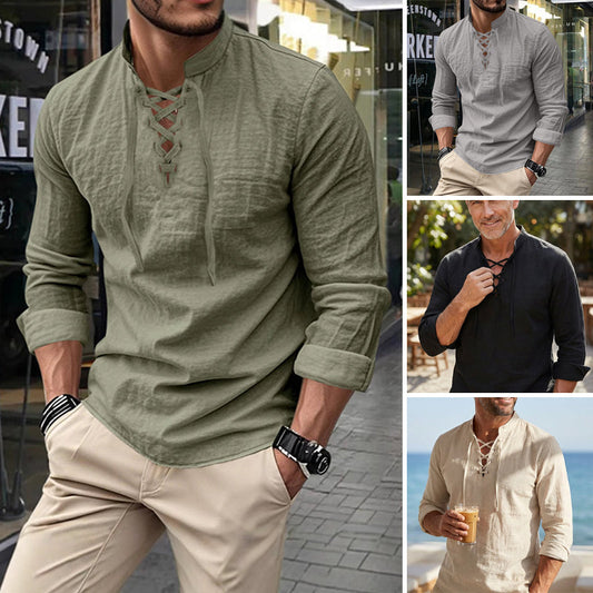 🧥Camisa informal de hombre con cordones: ¡un look elegante en un santiamén! Cuello moderno sin corbata, de algodón suave y transpirable. Un estilo desenfadado ideal para quedar a tomar un café o para las comidas dominicales. ☕👴