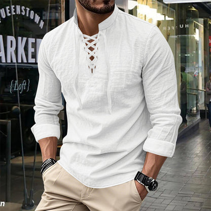 🧥Camisa informal de hombre con cordones: ¡un look elegante en un santiamén! Cuello moderno sin corbata, de algodón suave y transpirable. Un estilo desenfadado ideal para quedar a tomar un café o para las comidas dominicales. ☕👴