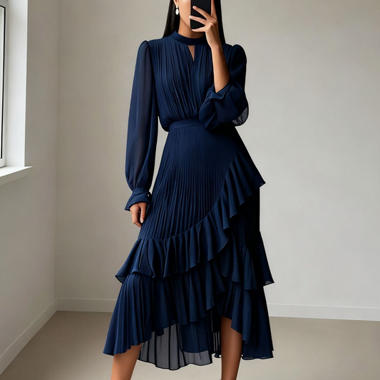 【1º en Faldas】👗 Vestido Midi para Mujer – Escote en Ojal de Cerradura y Detalles de Volantes, Elegante y Femenino ✨🌸