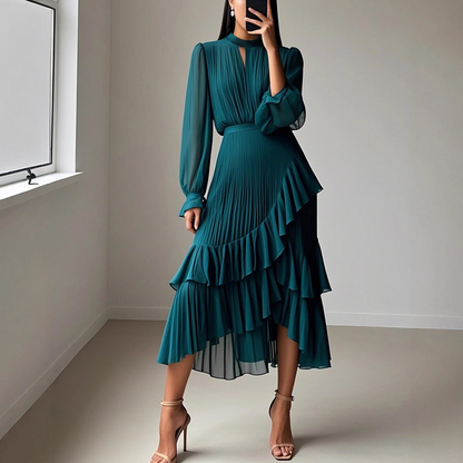 【1º en Faldas】👗 Vestido Midi para Mujer – Escote en Ojal de Cerradura y Detalles de Volantes, Elegante y Femenino ✨🌸