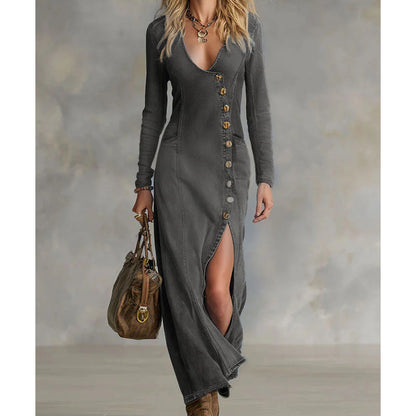 【MÁS VENDIDO】🔥1º en Trajes👗 Vestido Maxi de Manga Larga con Cuello en V para Mujer – Elegante y Cómodo para Todo Momento ✨🌸