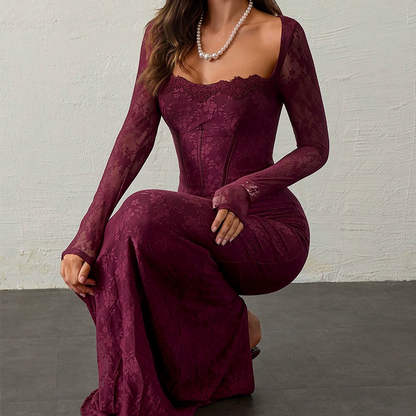 【MÁS VENDIDO】🔥1º en Trajes🔥Vestido Maxi Bodycon de Manga Larga de Manga Larga de Encaje Sobrepuesto para Mujer