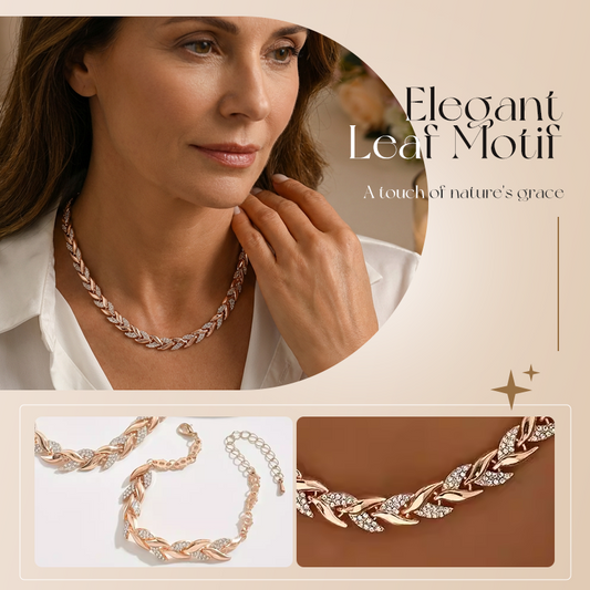 💎✨ Set de collares y pulseras ajustables de hoja de pedrería – diseño elegante, cristales brillantes y regalo 🍃 perfecto