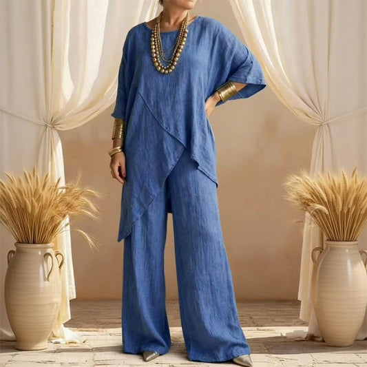 🌸 ¡50 % DE DESCUENTO! 👗 Conjunto asimétrico de dos piezas para mujer: top holgado + pantalones de pierna ancha, resistentes a las arrugas y elegantes 🌿