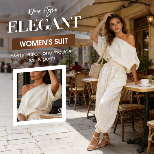 【MÁS VENDIDO】🔥1º en Trajes🔥Conjunto de top asimétrico de un solo hombro y pantalones para mujer: fluido, con bolsillos y cintura ajustada para una elegancia sin esfuerzo 👗✨