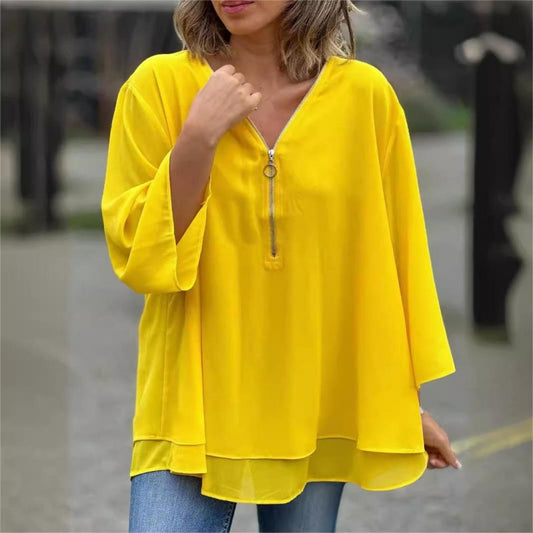 👚 ¡AHORRA UN 60 % AHORA! ✨ Camisetas suaves de doble capa con cuello en V, cremallera y mangas 3/4: diseño elegante, ajuste cómodo y estilo versátil 🌸