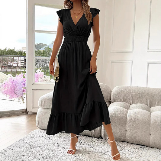 👗Vestido largo con cuello en V y volantes: ¡elegancia natural para cualquier ocasión!