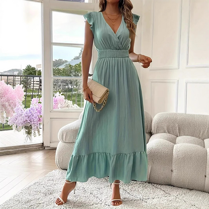 👗Vestido largo con cuello en V y volantes: ¡elegancia natural para cualquier ocasión!