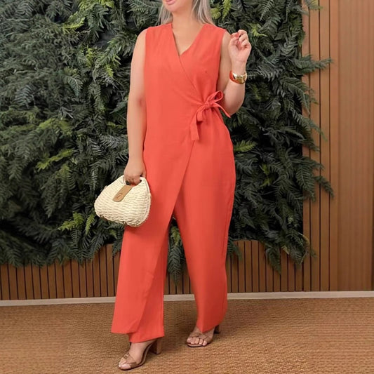 👗✅Mono casual de cuello en V y cuello en V de color liso para mujer