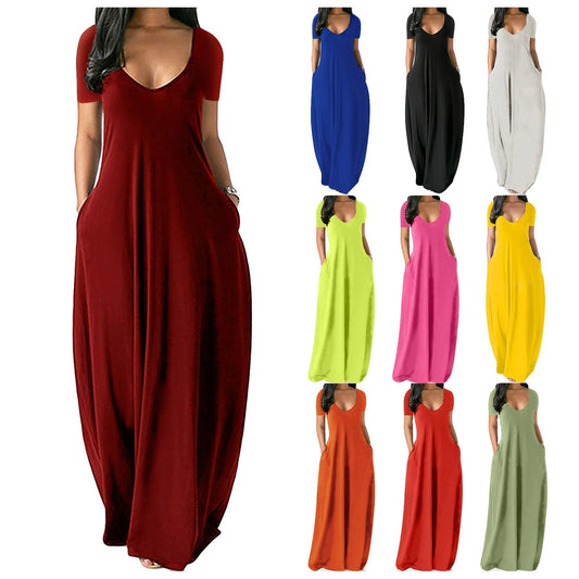 🍃 Mujeres cuello redondo manga corta vestido largo de tela suave casual