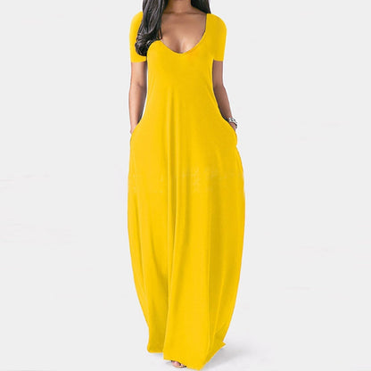 🍃 Mujeres cuello redondo manga corta vestido largo de tela suave casual