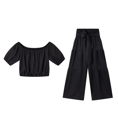 🚺【1º en Ropa de mujer】🏆Top de manga abullonada con hombros descubiertos y pantalón de pierna ancha Conjunto de 2 piezas