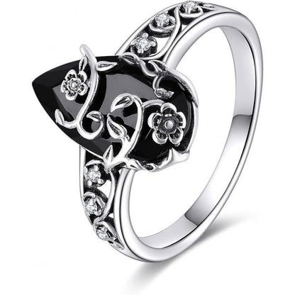 💎   ¡50% de descuento en anillo vintage bohemio!   💎  Diseño de la vid floral, joya de lágrima negra y acentos espumosos para una elegancia atemporal ✨