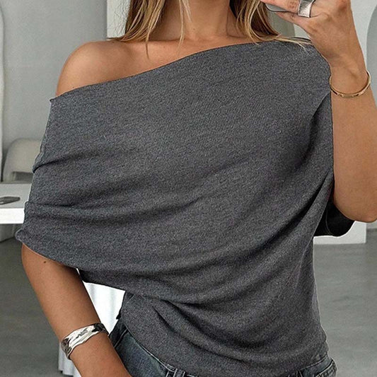 📢📢Descuento del 60 % por tiempo limitado👚 Top asimétrico de manga murciélago con hombros descubiertos para mujer: elegancia dramática y comodidad suave 🦇✨