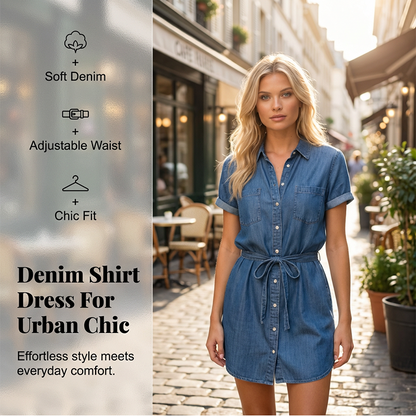 Vestido de mujer casual camisa de denim con cordón de cintura