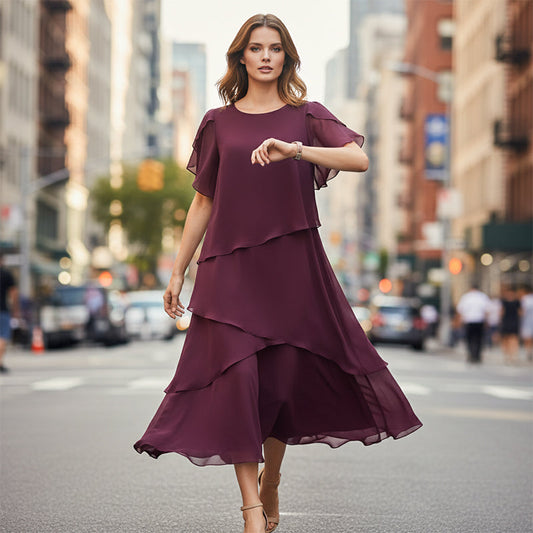 Elegante vestido en capas con mangas con volantes