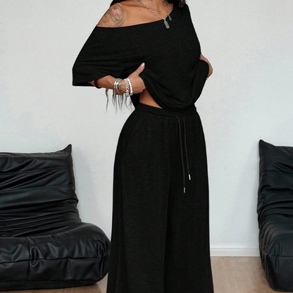 Conjunto de dos piezas de top y pantalones de hombros descubiertos para mujer