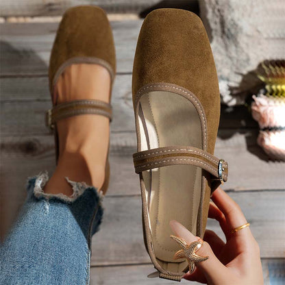 🥿 ¡OFERTA POR TIEMPO LIMITADO 50% DE DESCUENTO! 🍁 Bailarinas Cómodas de PU con Aspecto de Ante y Tira – Suela Flexible, Punta Cuadrada, Hebilla Ajustable y Multicolor ✨
