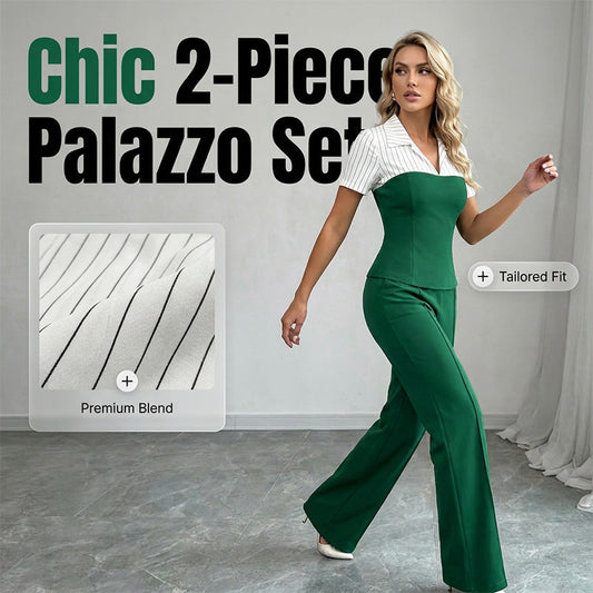 Elegante rayas de la camiseta de solapa y pantalones de Palazzo 2 piezas