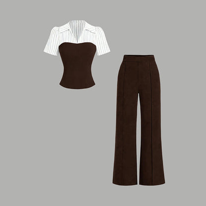 Elegante rayas de la camiseta de solapa y pantalones de Palazzo 2 piezas