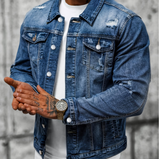 Chaqueta de denim casual Vintage-Wash Distressed para hombres
