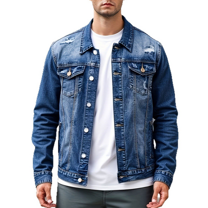 Chaqueta de denim casual Vintage-Wash Distressed para hombres