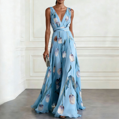 Vestido Maxi con estampado de tulipán con cuello en V