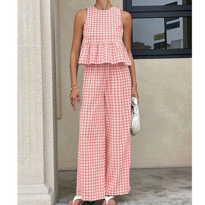 Mujeres 2 piezas cuadrado estampado trajes Ruffle Top & pantalones