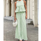 Mujeres 2 piezas cuadrado estampado trajes Ruffle Top & pantalones