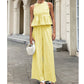 Mujeres 2 piezas cuadrado estampado trajes Ruffle Top & pantalones