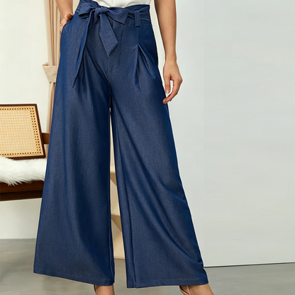 Pantalones de piernas anchas de cintura alta con corbata para mujer