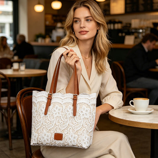 👜 ¡OFERTA POR TIEMPO LIMITADO 50% DE DESCUENTO! 💍 Bolso Tote de Encaje de Gran Capacidad – Diseño Romántico, Correas de PU Ajustables, Cierre Magnético y Organizado ✨