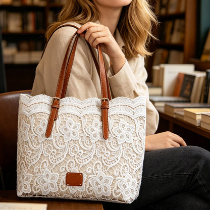👜 ¡OFERTA POR TIEMPO LIMITADO 50% DE DESCUENTO! 💍 Bolso Tote de Encaje de Gran Capacidad – Diseño Romántico, Correas de PU Ajustables, Cierre Magnético y Organizado ✨