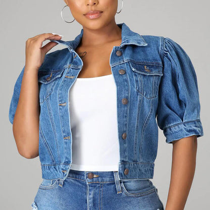 Chaqueta de denim cortada de manga corta Puff para mujer